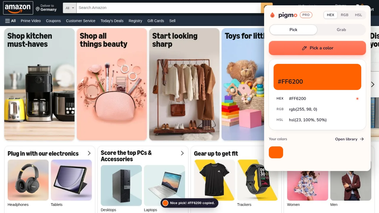 Pigmo’s eyedropper picking the logo colors on amazon.com, saved in Pigmo’s panel