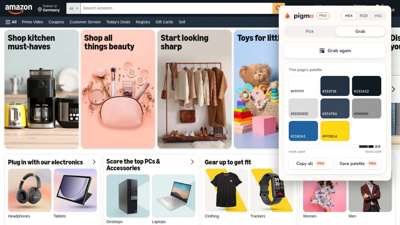 Pigmo’s palette panel open on amazon.com, listing #FF6200, #232F3E, #FFD814, #2162A1, #37475A, #FFFFFF