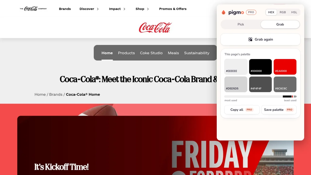 Pigmo’s palette panel open on coca-cola.com, listing #EA0000, #000000, #EEEEEE, #4F4F4F, #6C6C6C, #D5D5D5