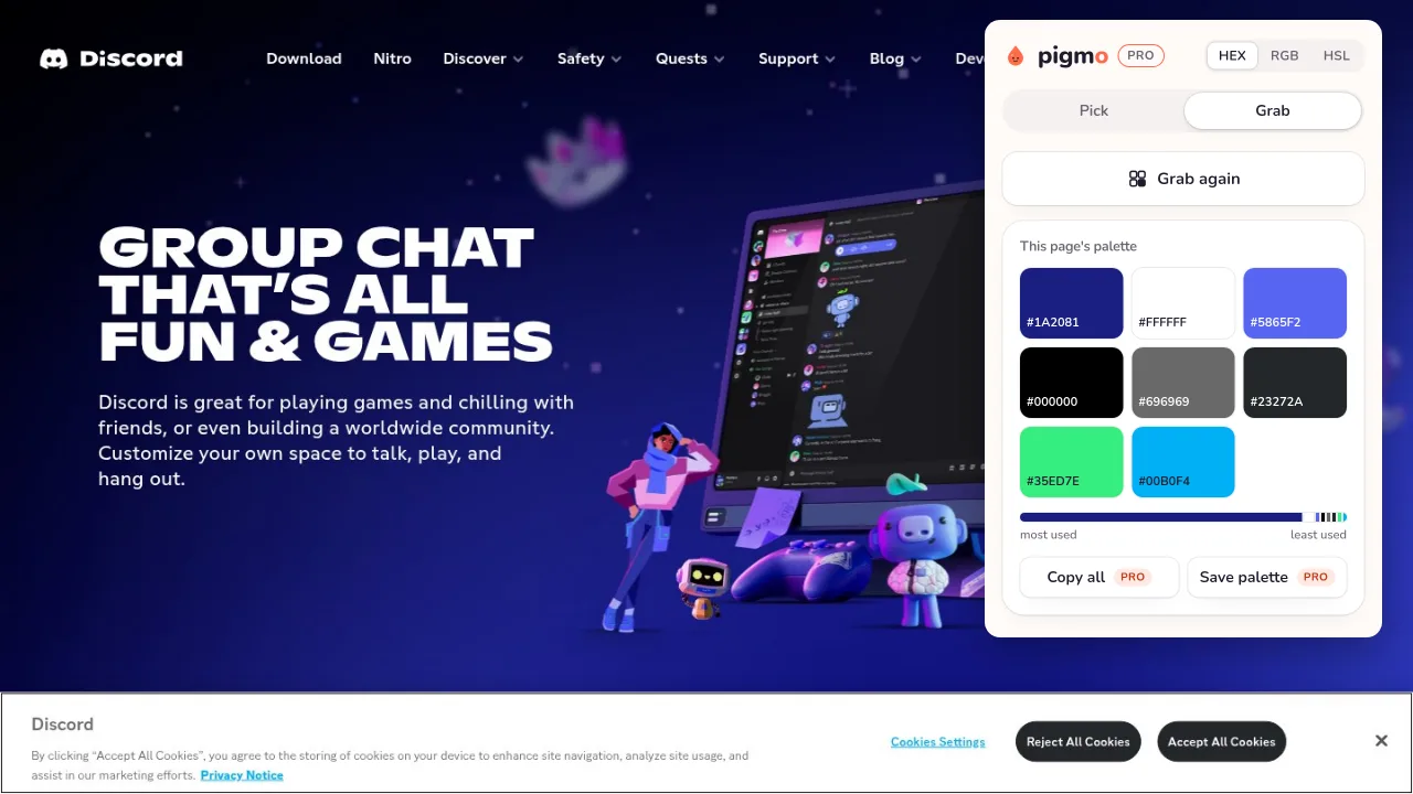Pigmo’s palette panel open on discord.com, listing #5865F2, #1A2081, #23272A, #35ED7E, #00B0F4, #FFFFFF