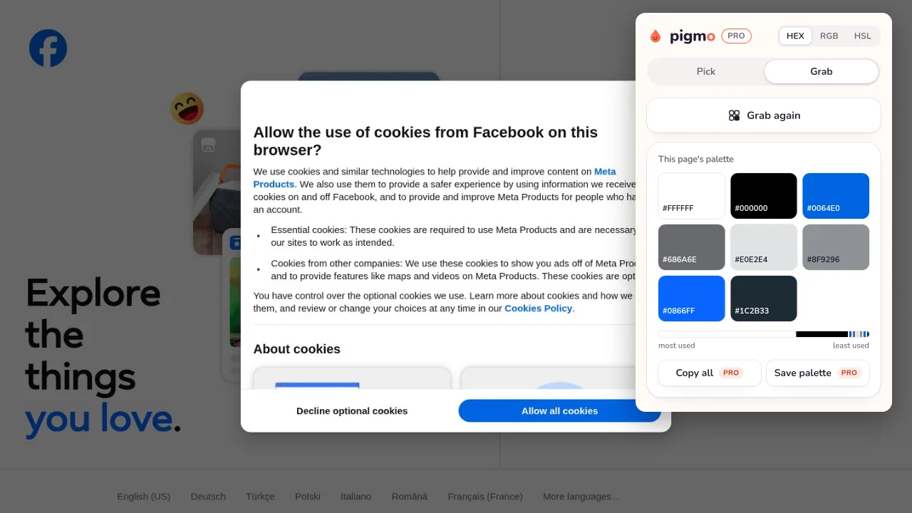 Pigmo’s palette panel open on facebook.com, listing #0866FF, #0064E0, #1C2B33, #686A6E, #E0E2E4, #FFFFFF