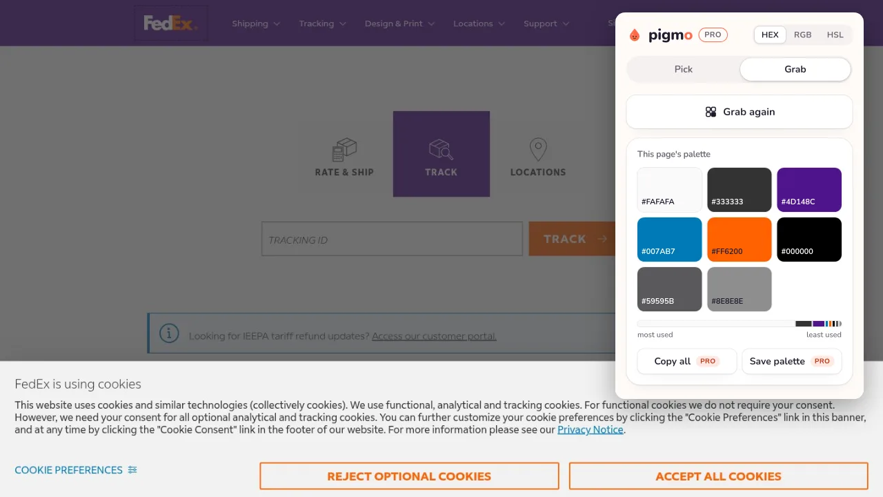 Pigmo’s palette panel open on fedex.com, listing #4D148C, #FF6200, #007AB7, #333333, #59595B, #FAFAFA