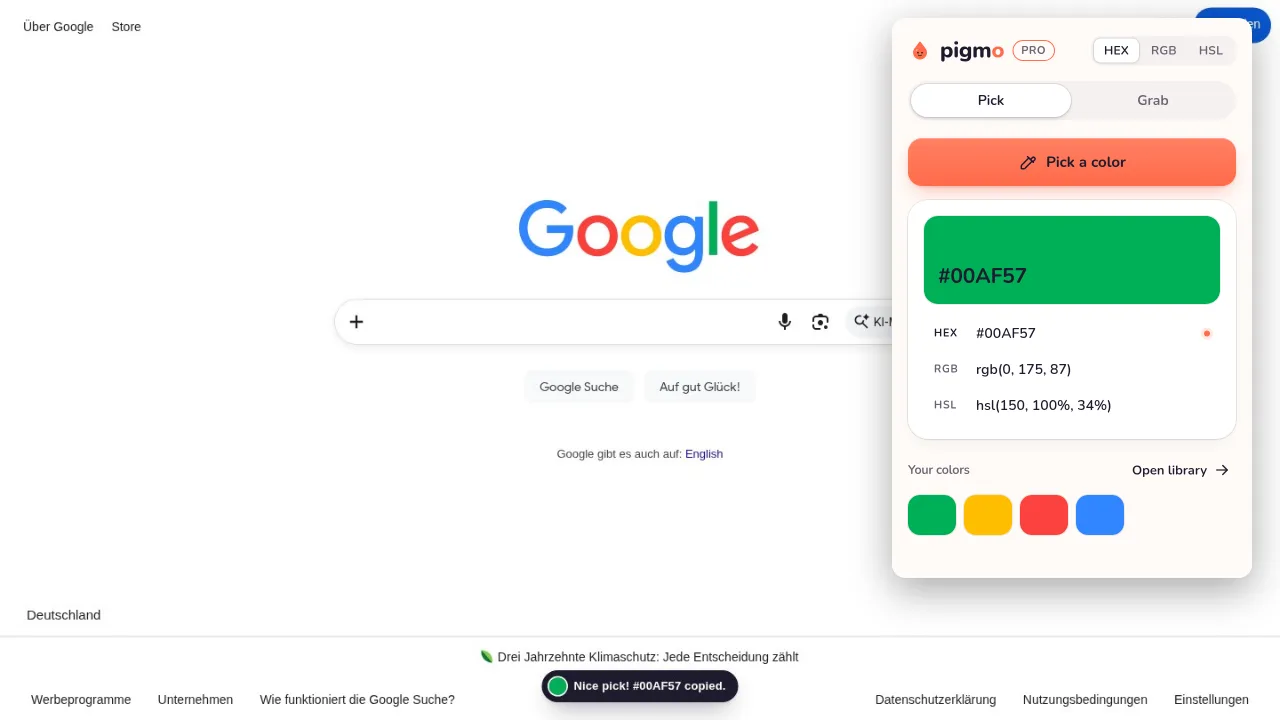 Pigmo’s eyedropper picking the logo colors on google.com, saved in Pigmo’s panel