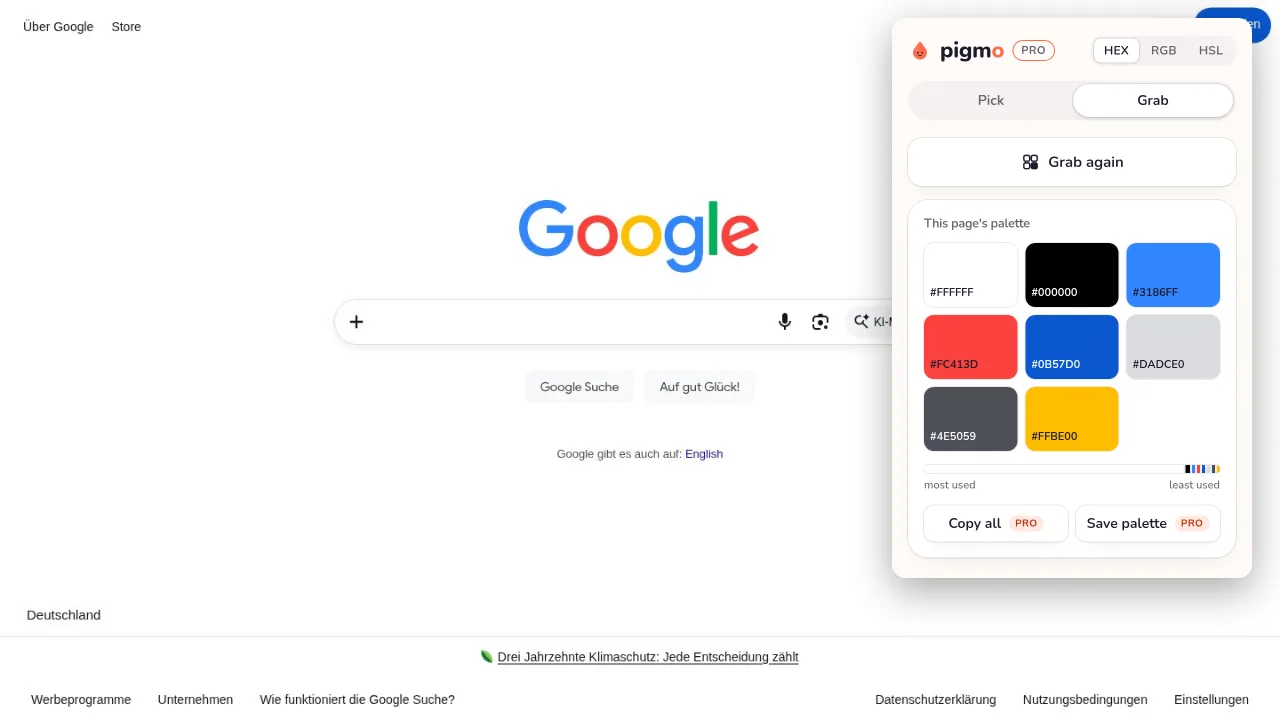 Pigmo’s palette panel open on google.com, listing #3186FF, #FC413D, #FFBE00, #00AF57, #0B57D0, #4E5059