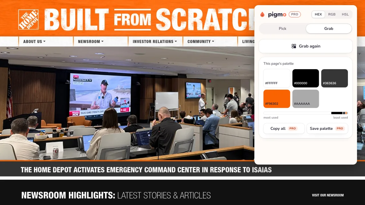 Pigmo’s palette panel open on corporate.homedepot.com, listing #F96302, #363636, #000000, #AAAAAA, #FFFFFF