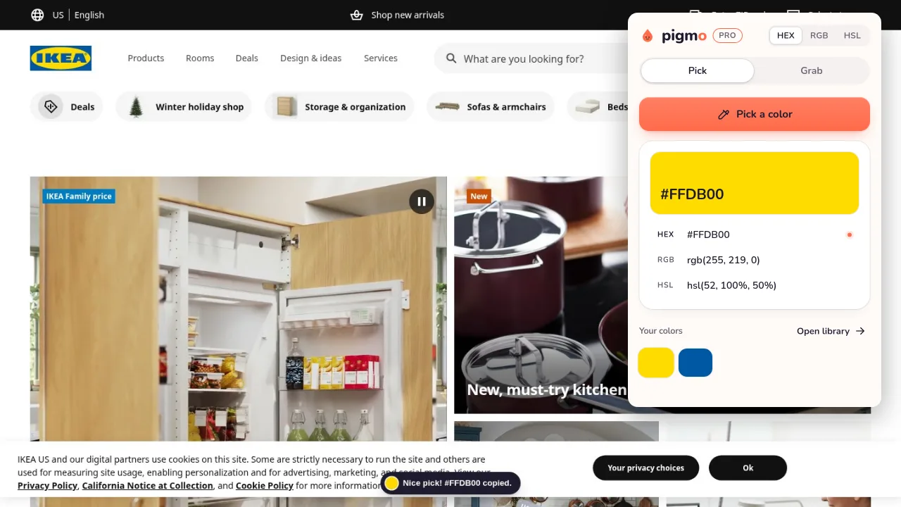 Pigmo’s eyedropper picking the logo colors on ikea.com, saved in Pigmo’s panel