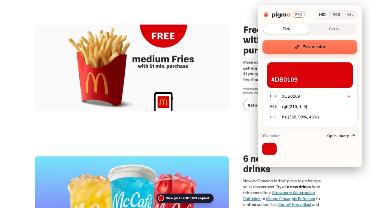 Pigmo’s eyedropper picking the logo colors on mcdonalds.com, saved in Pigmo’s panel