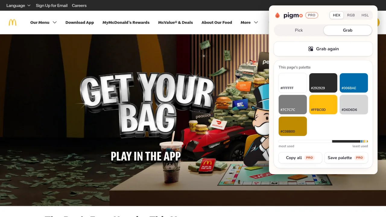Pigmo’s palette panel open on mcdonalds.com, listing #DB0109, #FFBC0D, #006BAE, #292929, #D6D6D6, #FFFFFF