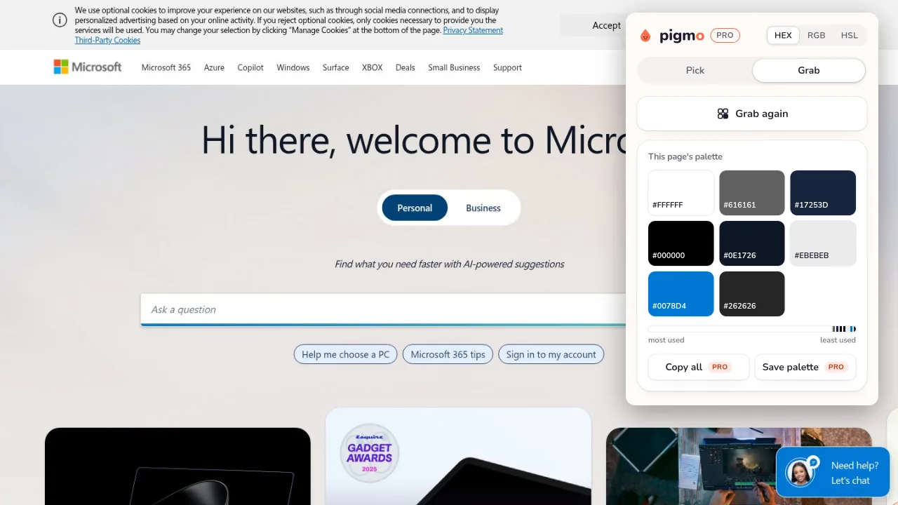 Pigmo’s palette panel open on microsoft.com, listing #0078D4, #17253D, #616161, #EBEBEB, #000000, #FFFFFF