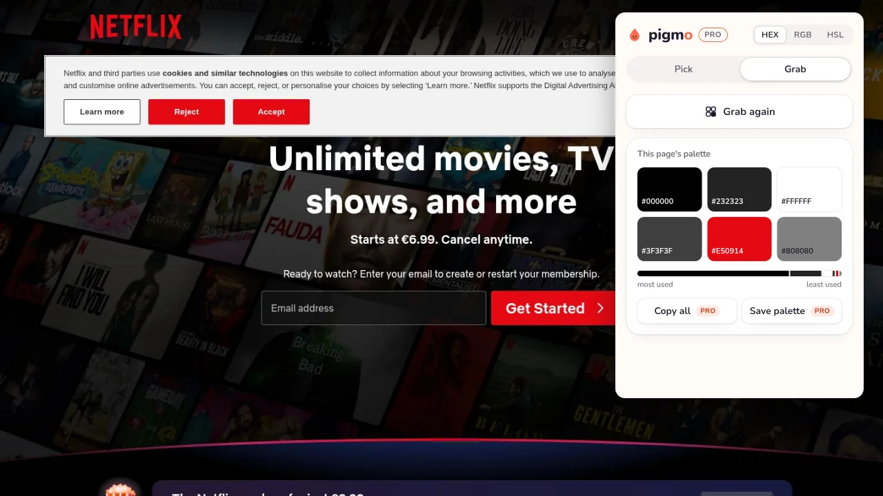 Pigmo’s palette panel open on netflix.com, listing #E50914, #000000, #232323, #3F3F3F, #808080, #FFFFFF