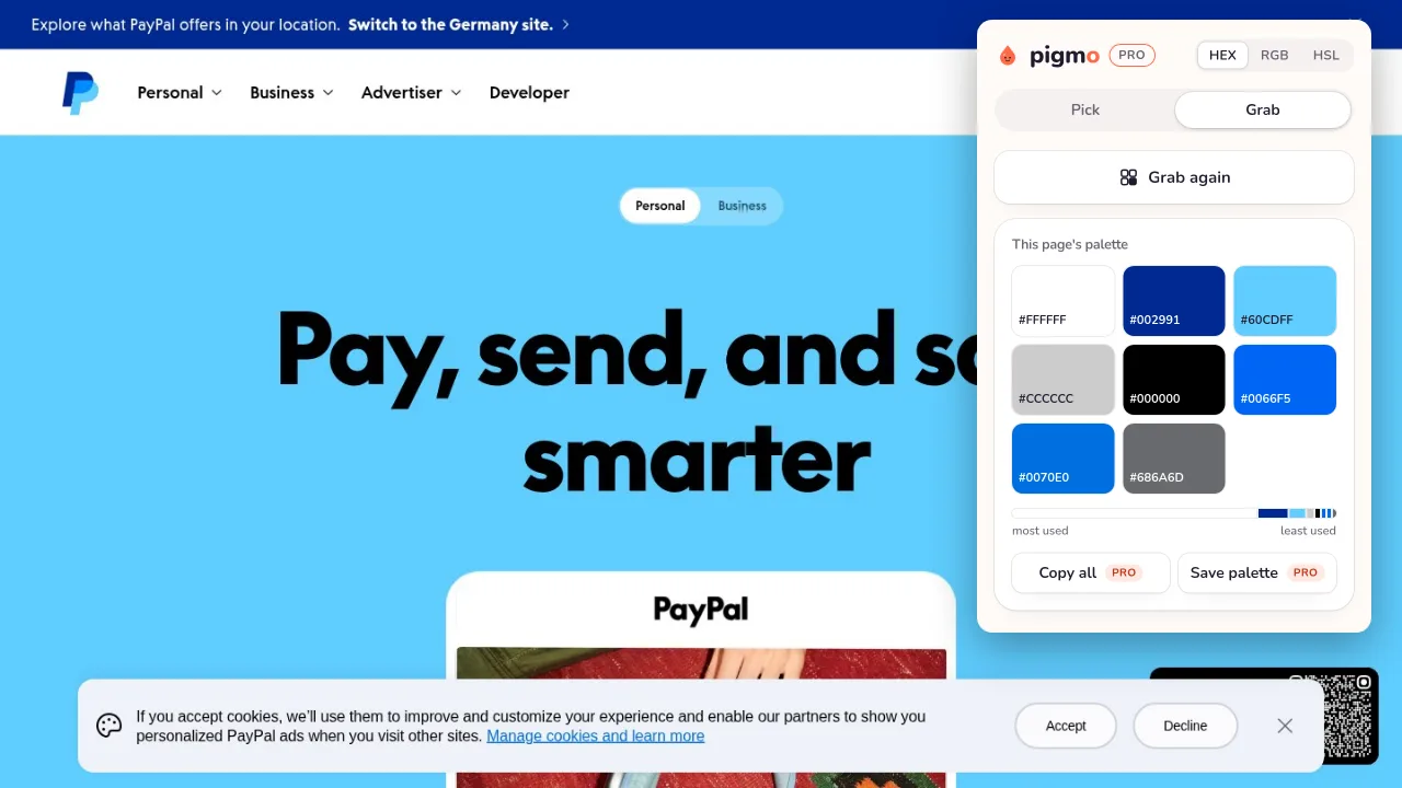 Pigmo’s palette panel open on paypal.com, listing #002991, #0070E0, #0066F5, #60CDFF, #686A6D, #000000