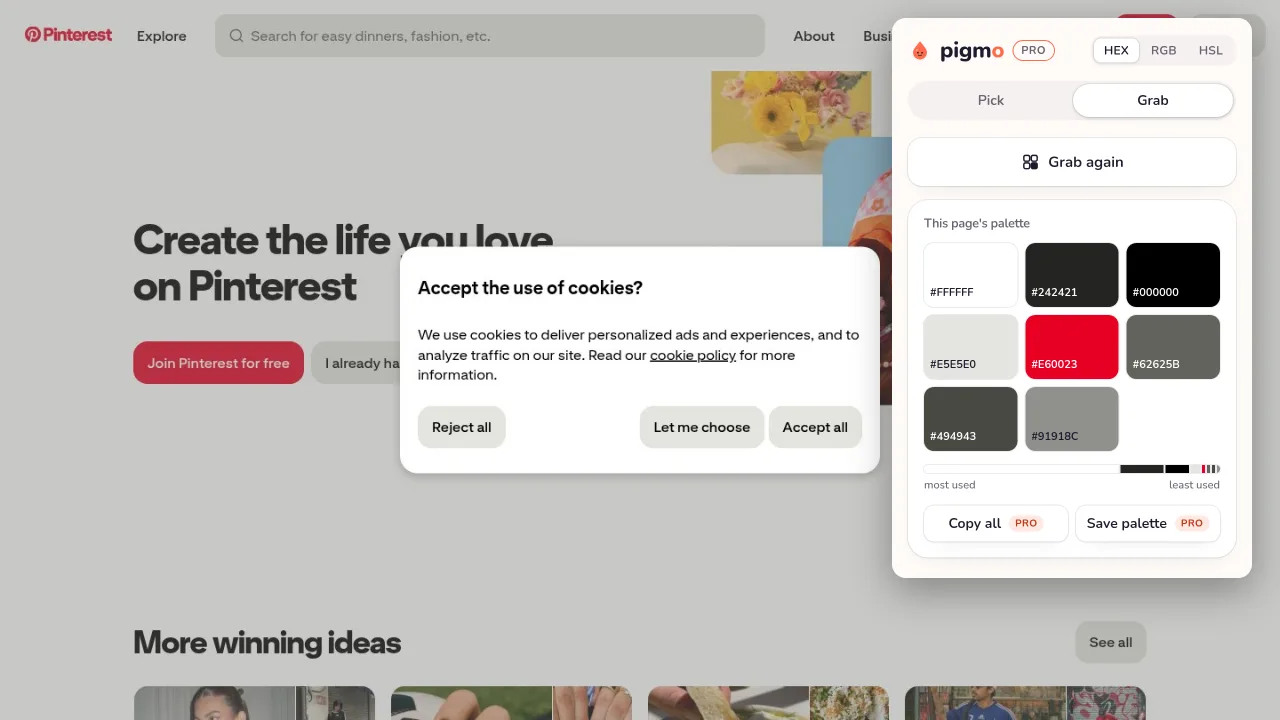Pigmo’s palette panel open on pinterest.com, listing #E60023, #000000, #242421, #E5E5E0, #62625B, #FFFFFF