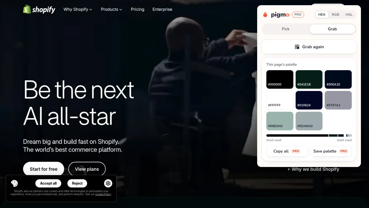 Pigmo’s palette panel open on shopify.com, listing #000000, #041E18, #000A1E, #99B3AD, #9797A2, #FFFFFF