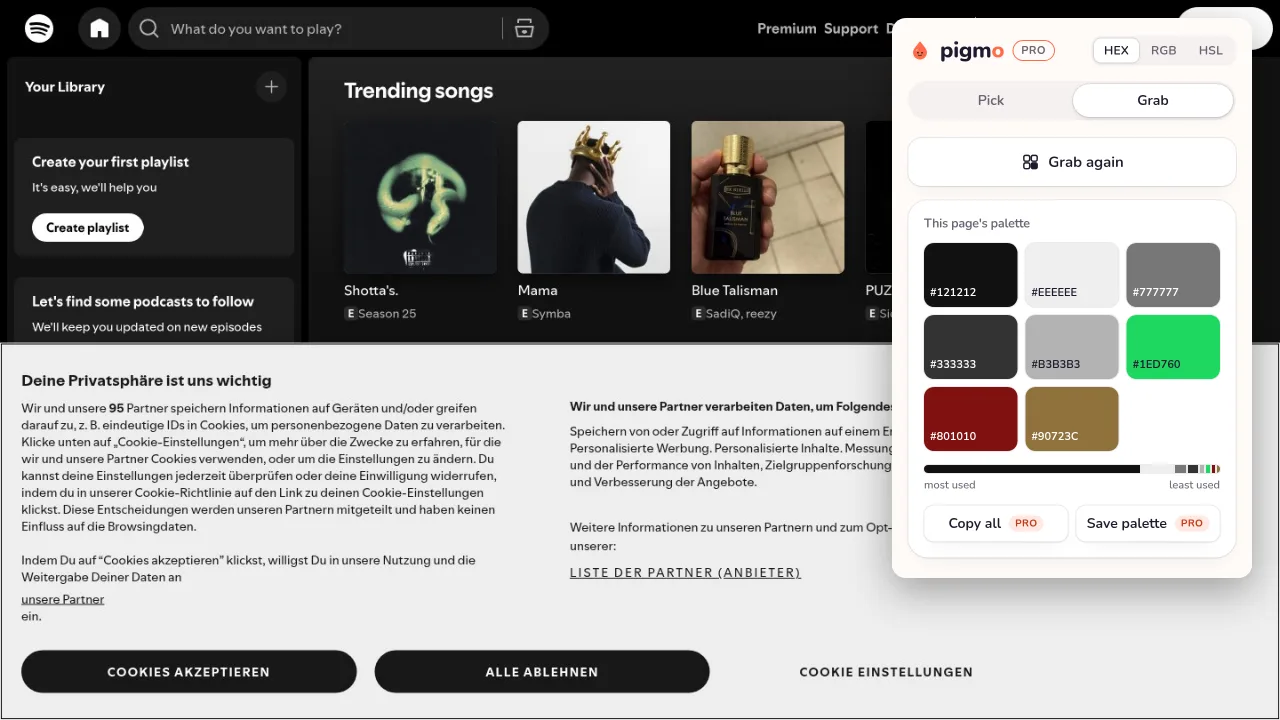 Pigmo’s palette panel open on spotify.com, listing #1ED760, #121212, #333333, #B3B3B3, #EEEEEE