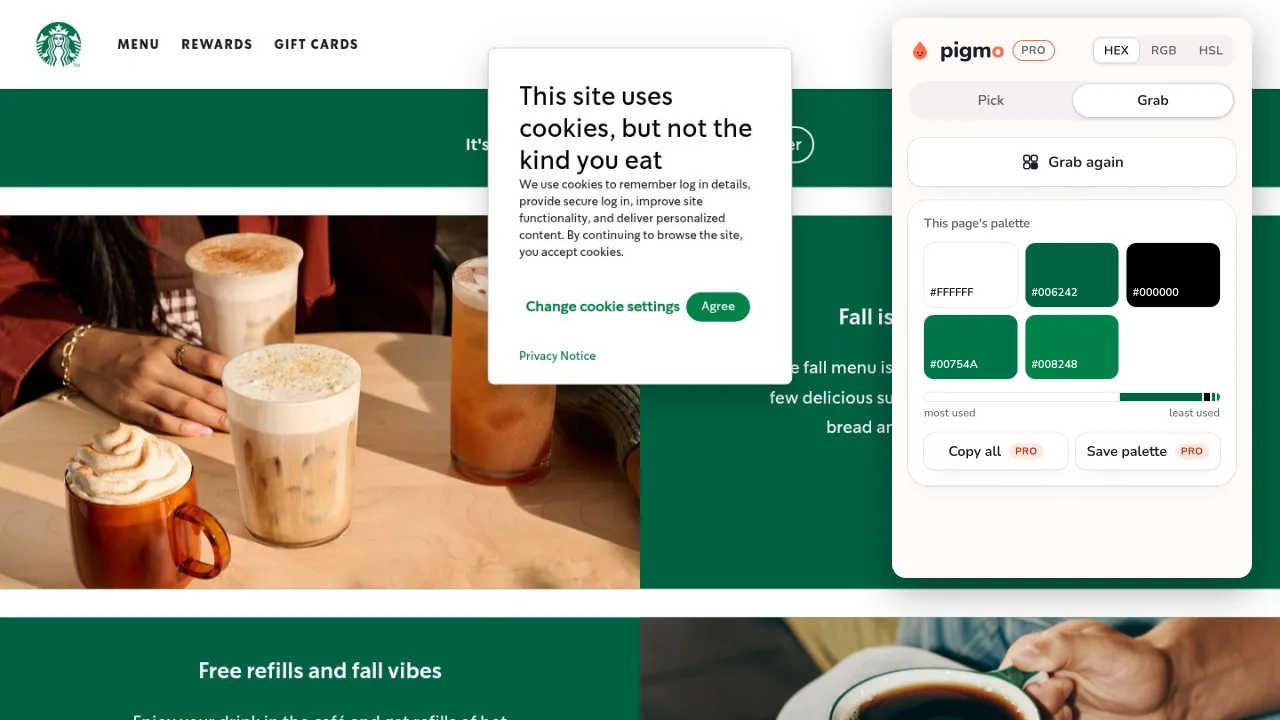 Pigmo’s palette panel open on starbucks.com, listing #006242, #00754A, #008248, #000000, #FFFFFF