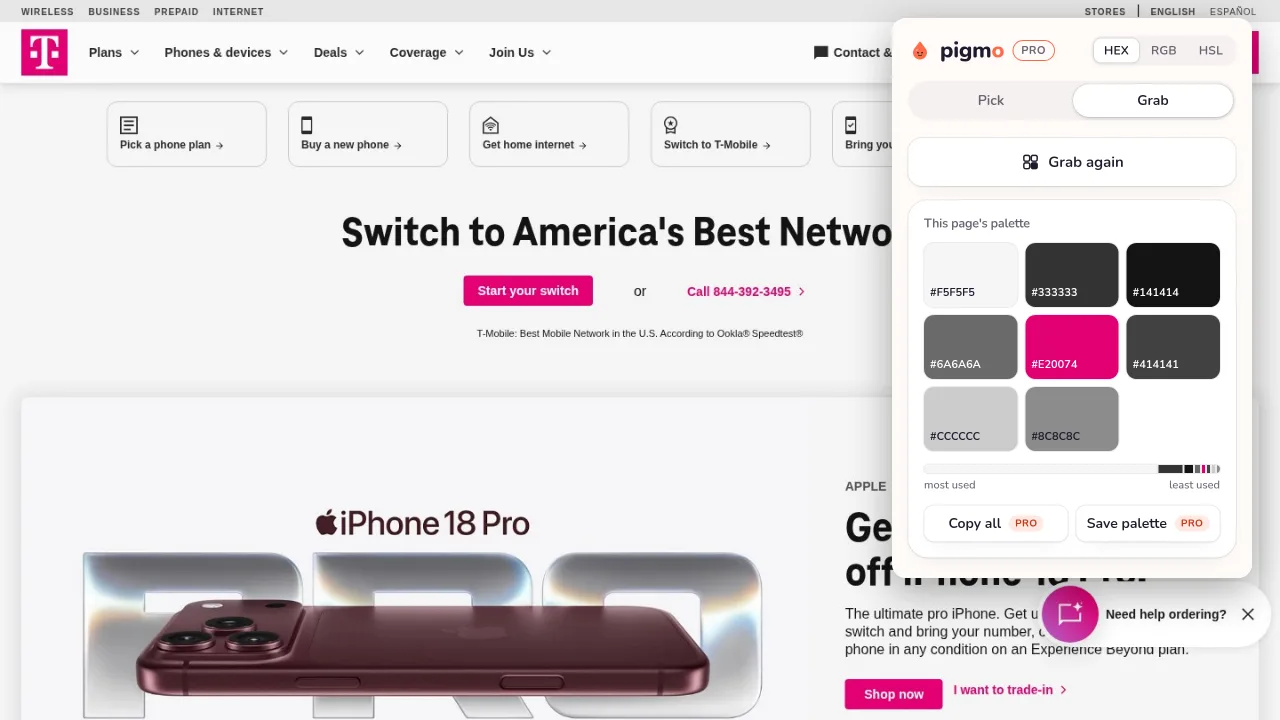 Pigmo’s palette panel open on t-mobile.com, listing #E20074, #141414, #333333, #6A6A6A, #CCCCCC, #F5F5F5