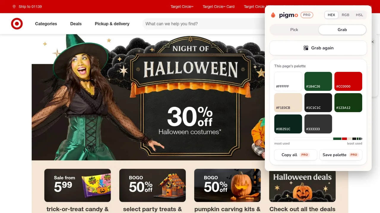 Pigmo’s palette panel open on target.com, listing #CC0000, #184C26, #F1E0CB, #1C1C1C, #333333, #FFFFFF