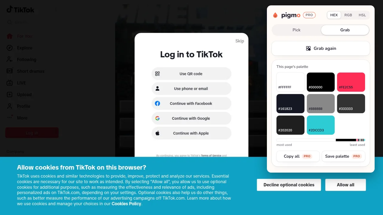 Pigmo’s palette panel open on tiktok.com, listing #FE2C55, #2DCCD3, #000000, #161823, #888888, #FFFFFF