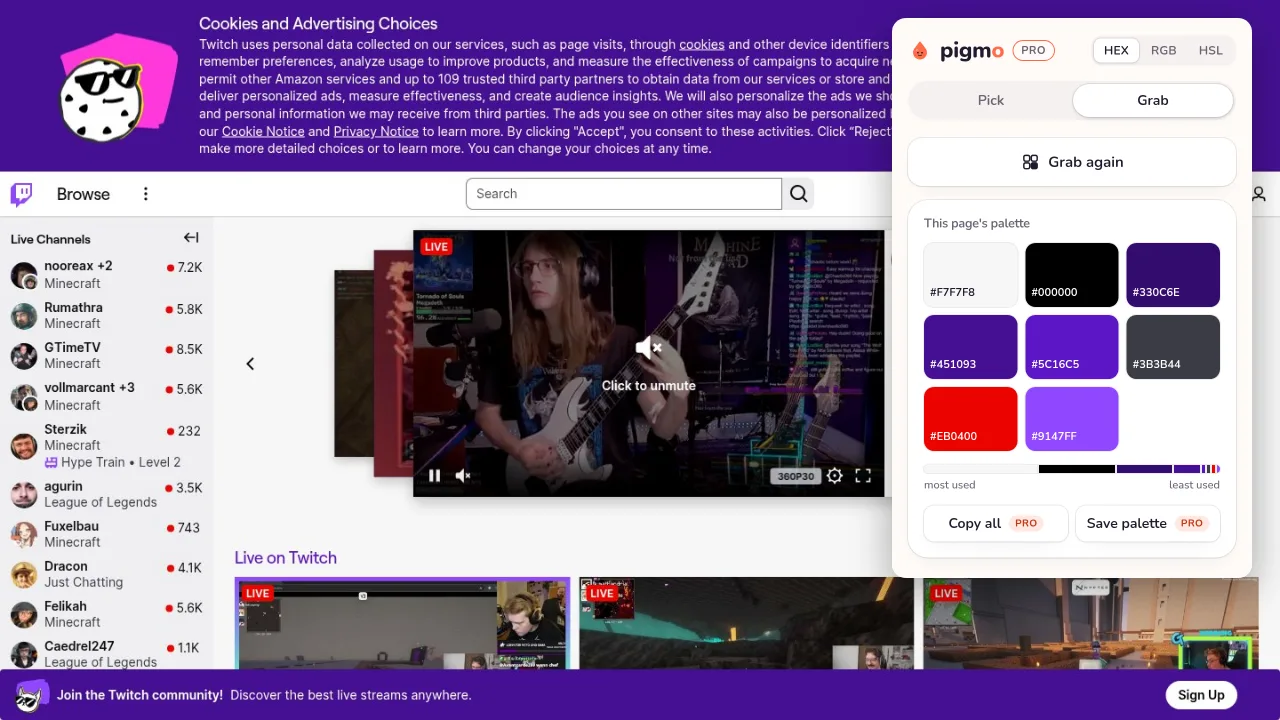 Pigmo’s palette panel open on twitch.tv, listing #9147FF, #5C16C5, #451093, #EB0400, #000000, #F7F7F8