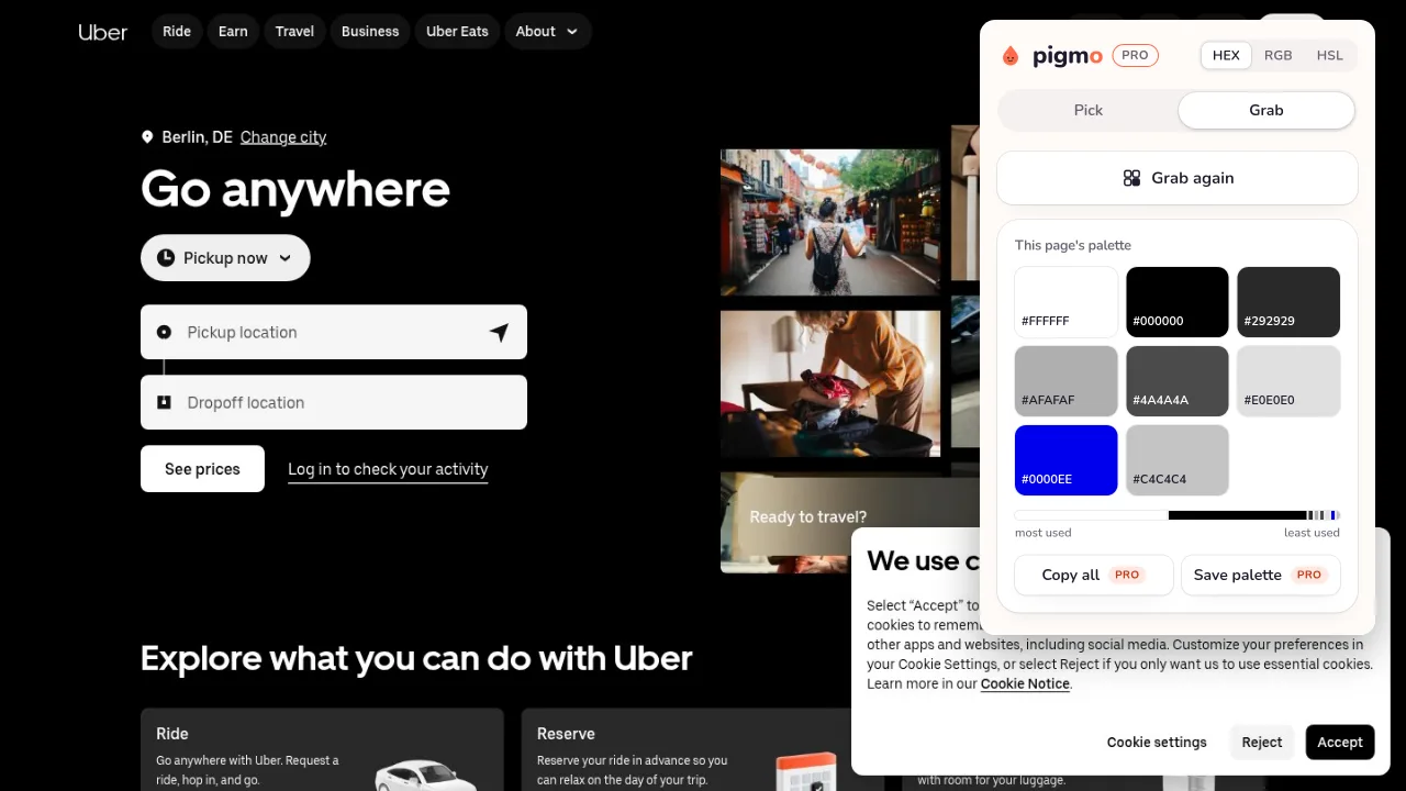 Pigmo’s palette panel open on uber.com, listing #000000, #FFFFFF, #292929, #4A4A4A, #AFAFAF, #E0E0E0