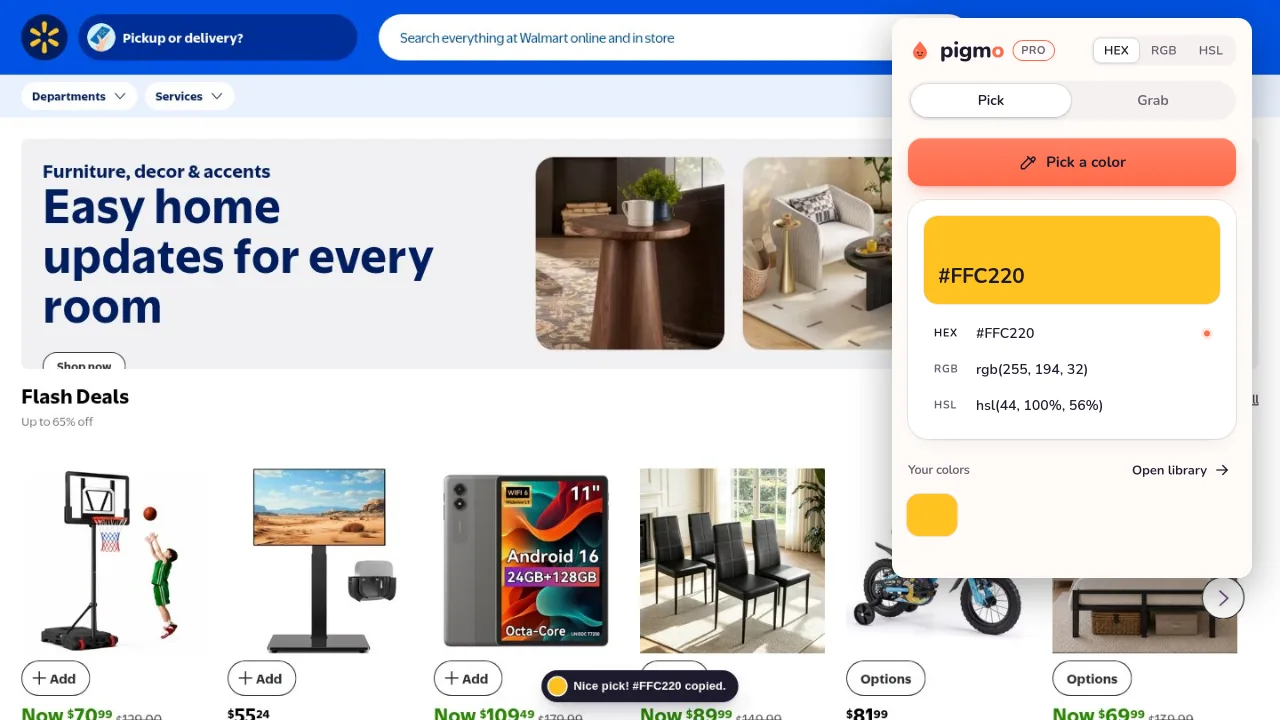 Pigmo’s eyedropper picking the logo colors on walmart.com, saved in Pigmo’s panel