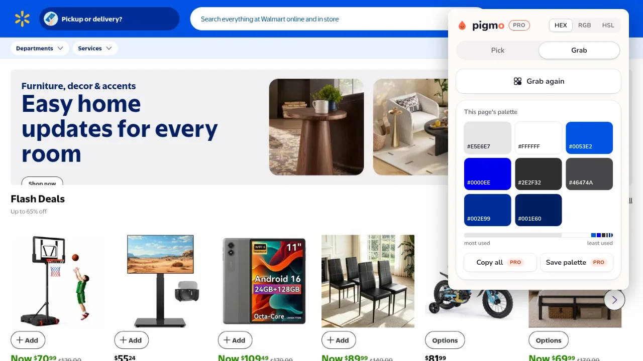 Pigmo’s palette panel open on walmart.com, listing #FFC220, #0053E2, #002E99, #001E60, #2E2F32, #E5E6E7