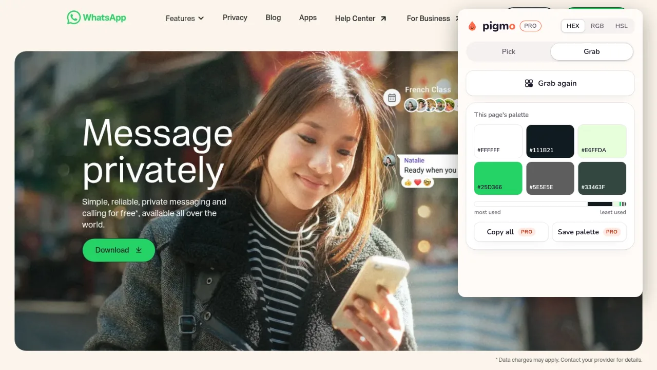 Pigmo’s palette panel open on whatsapp.com, listing #25D366, #111B21, #E6FFDA, #33463F, #5E5E5E, #FFFFFF