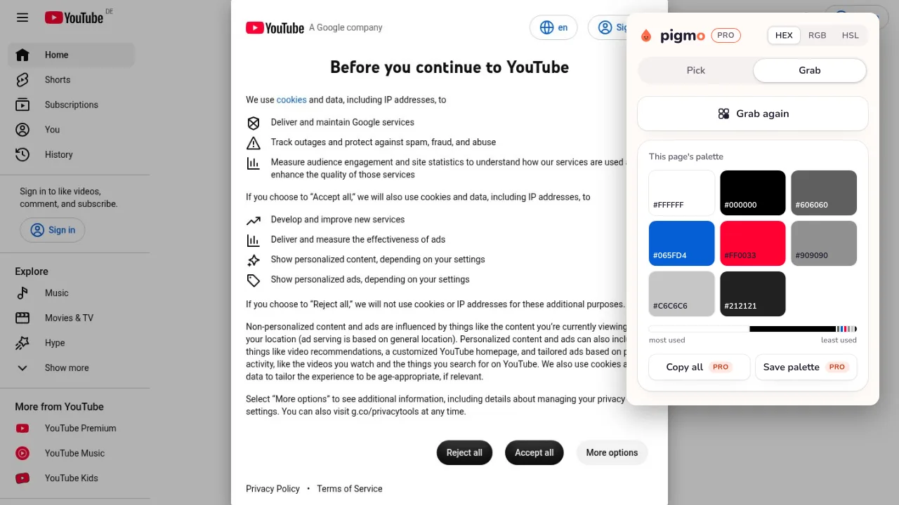 Pigmo’s palette panel open on youtube.com, listing #FF0033, #065FD4, #212121, #606060, #C6C6C6, #FFFFFF